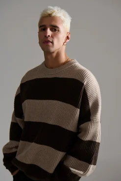 Drop Sleeve Heavy Knit Choc Stripe