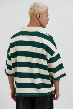 Jersey Crop Polo Stripe Emerald