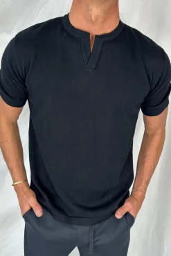 Knitted Split Neck Tee Black