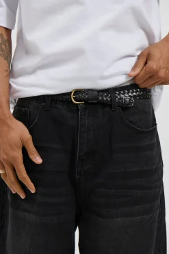 Leather Belt Thin Weave Black