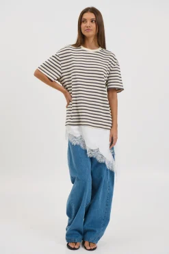 Miranda Lace Tee Cream Stripe