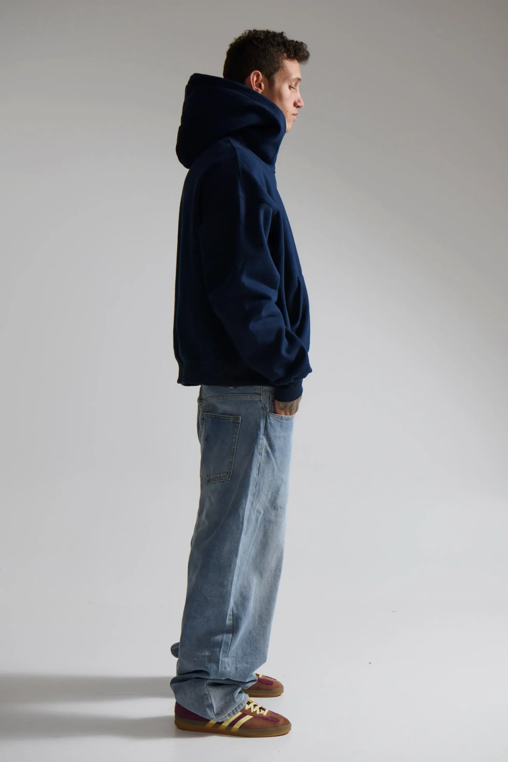 Roman Cropped Drop Hoodie Navy