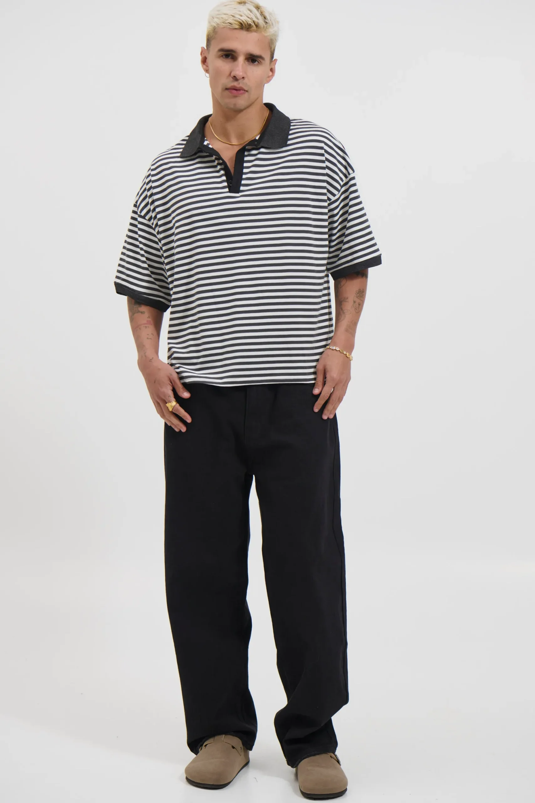 Stripe Ribbed Polo Black