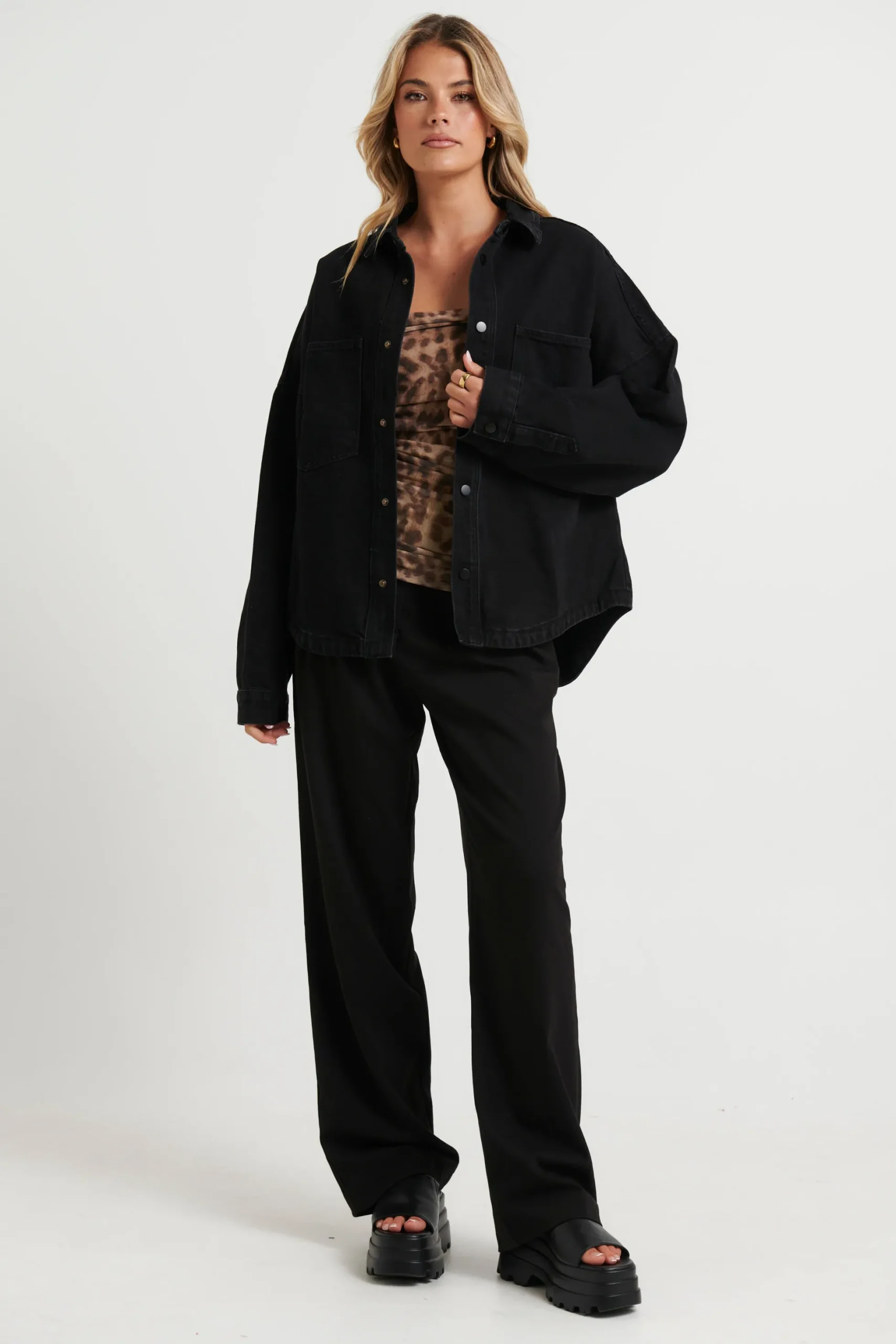 Unisex Drop Shoulder Denim Shirt Black
